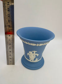 Elegant Wedgwood blue jasperware medium vase with white classical figures in relief