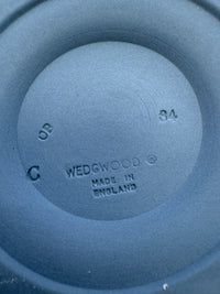 Vintage urn-shaped Wedgwood blue jasperware vase with applied white relief scenes and footed base