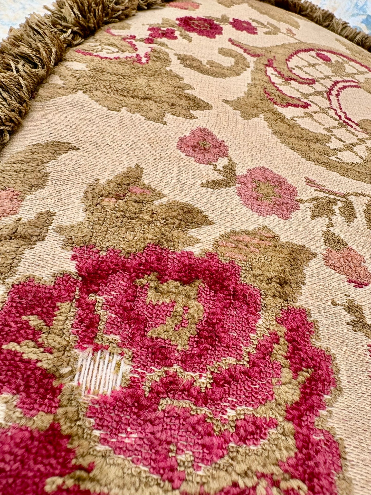 Vintage mid century upholstered wooden foot stool with tapestry sides, tassels and brown velvet top