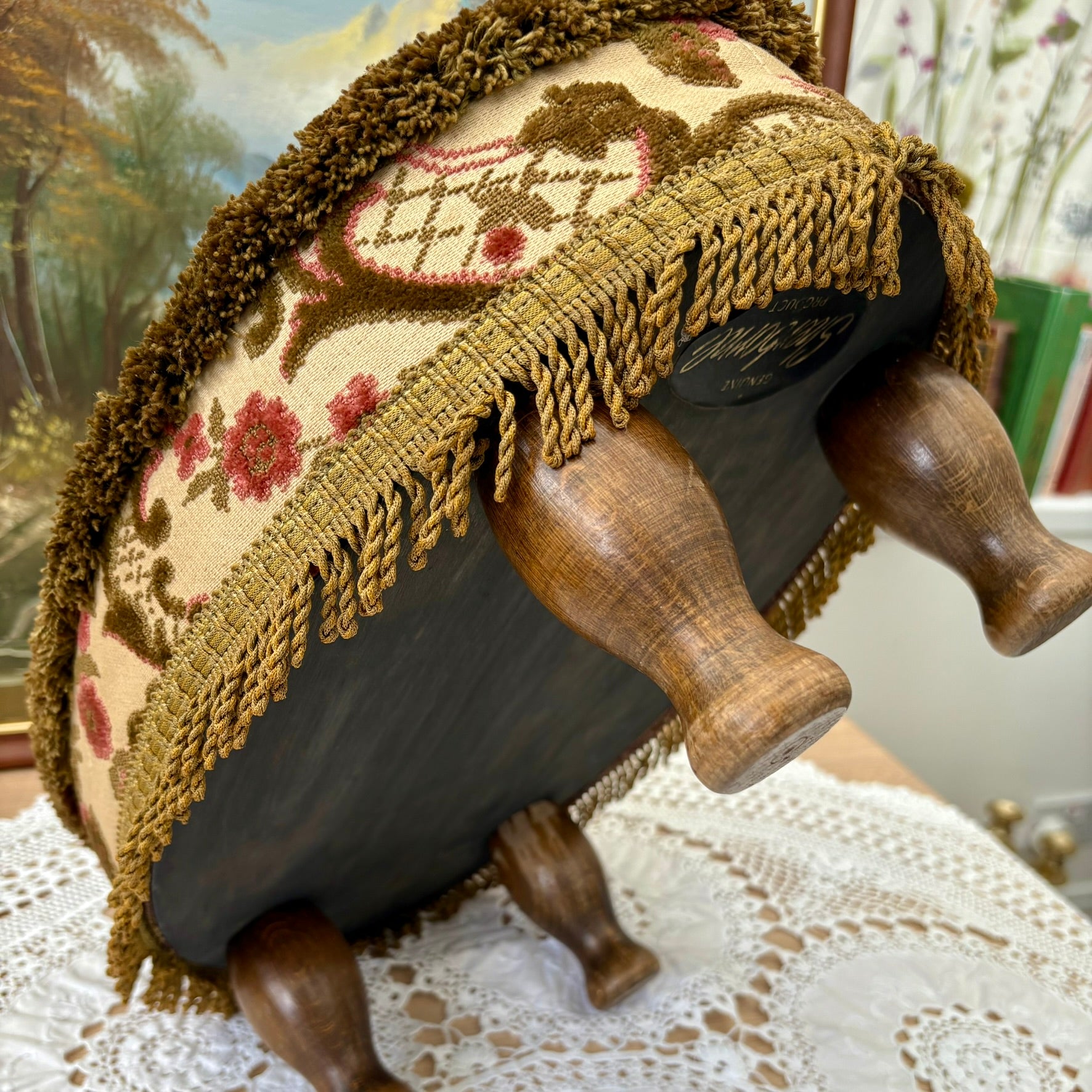 Vintage mid century upholstered wooden foot stool with tapestry sides, tassels and brown velvet top