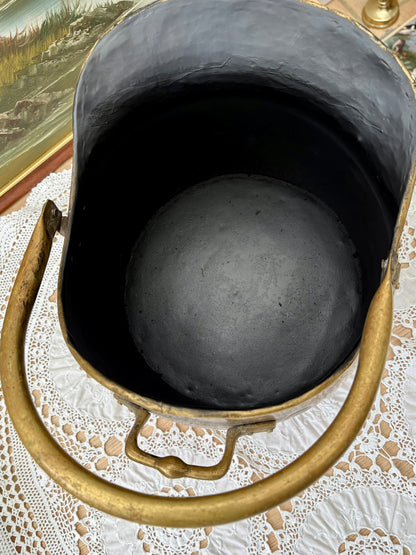 Antique Victorian brass coal bucket with handle and rustic patina from 1890s