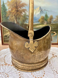 Antique Victorian brass coal bucket with handle and rustic patina from 1890s