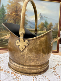Antique Victorian brass coal bucket with handle and rustic patina from 1890s