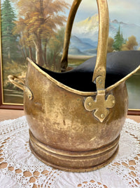 Antique Victorian brass coal bucket with handle and rustic patina from 1890s