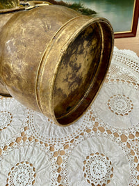 Antique Victorian brass coal bucket with handle and rustic patina from 1890s