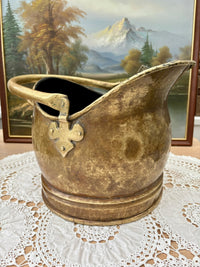 Antique Victorian brass coal bucket with handle and rustic patina from 1890s