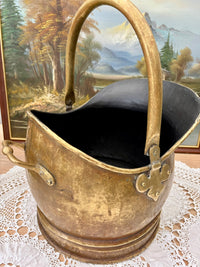 Antique Victorian brass coal bucket with handle and rustic patina from 1890s