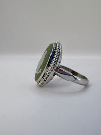 Vintage Wedgwood sage green jasperware cameo ring featuring Hope and Anchor motif set in sterling silver