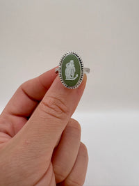 Vintage Wedgwood sage green jasperware cameo ring featuring Hope and Anchor motif set in sterling silver