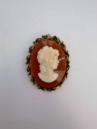 Cameo brooch with a profile of a woman on a gray background