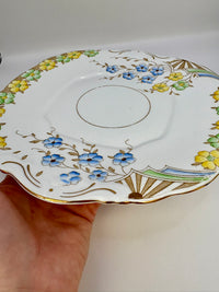 Decorative ceramic plate with floral patterns held by a hand on a white background