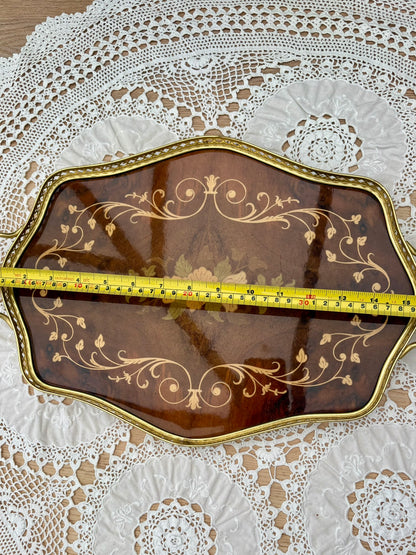 Octagonal Italian marquetry tray with floral inlay and brass handles
