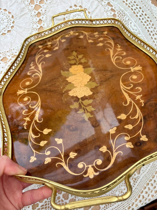 Octagonal Italian marquetry tray with floral inlay and brass handles