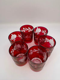 Set of 6 vintage cranberry glasses with etched floral design made in France