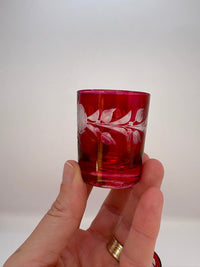 Hand holding a red glass with floral etching against a white background