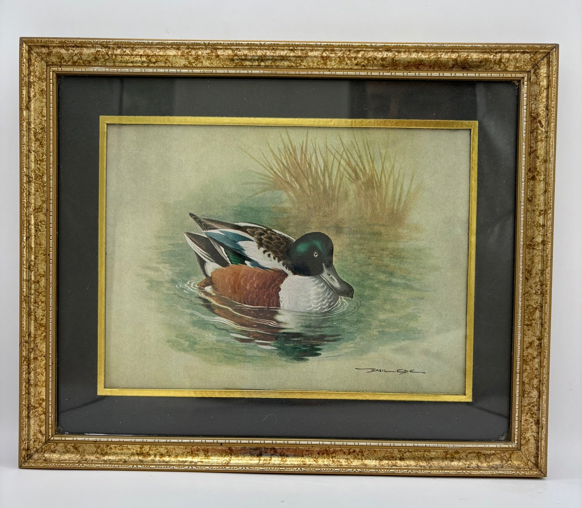 Framed painting of a duck in water with reeds