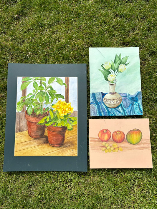 Three small artworks on a grassy background