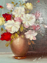 Painting of a vase with red and white flowers on a textured background