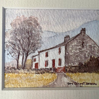 Artistic depiction of a house with a tree and pathway on textured paper.