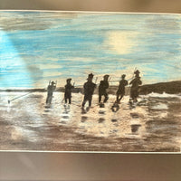 Artistic depiction of figures with spears on a beach, watercolor style