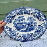 Blue and white decorative plate with intricate patterns held by a hand on a lace tablecloth.