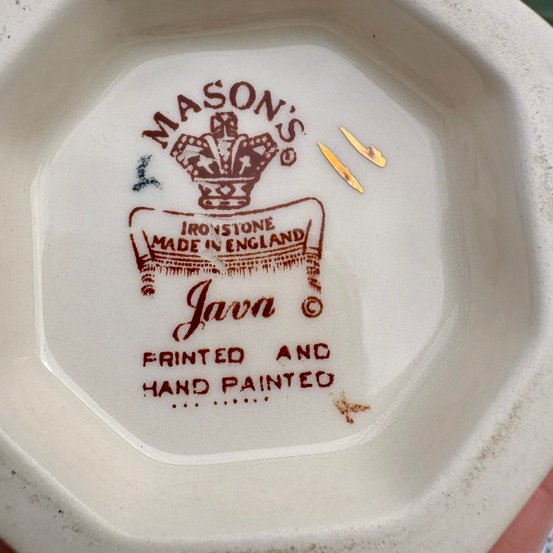 Mason's Ironstone logo on a ceramic plate with 'Java' text