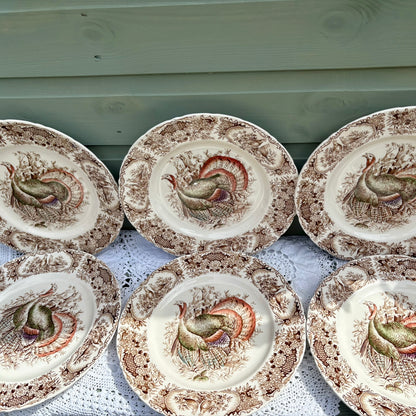 Set of ceramic plates with rooster designs on a wooden surface.