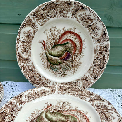 Set of 6 dinner plates | Wild Turkeys by Johnsons Brothers | Brown Transferware