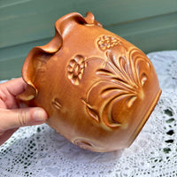 Unusual art pottery dish furled rim floral cut design signed Ninos Cyprus