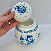 Vintage Ringtons bone china ginger jar with blue and white chrysanthemum design and lid