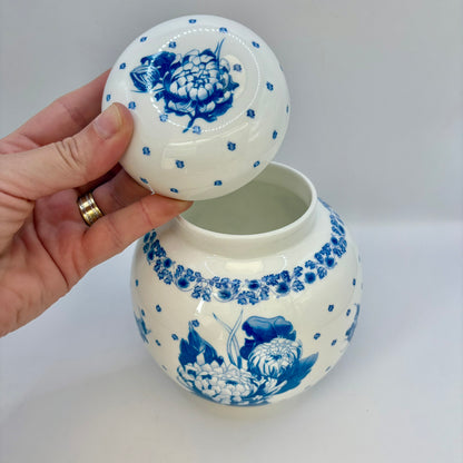 Vintage Ringtons bone china ginger jar with blue and white chrysanthemum design and lid