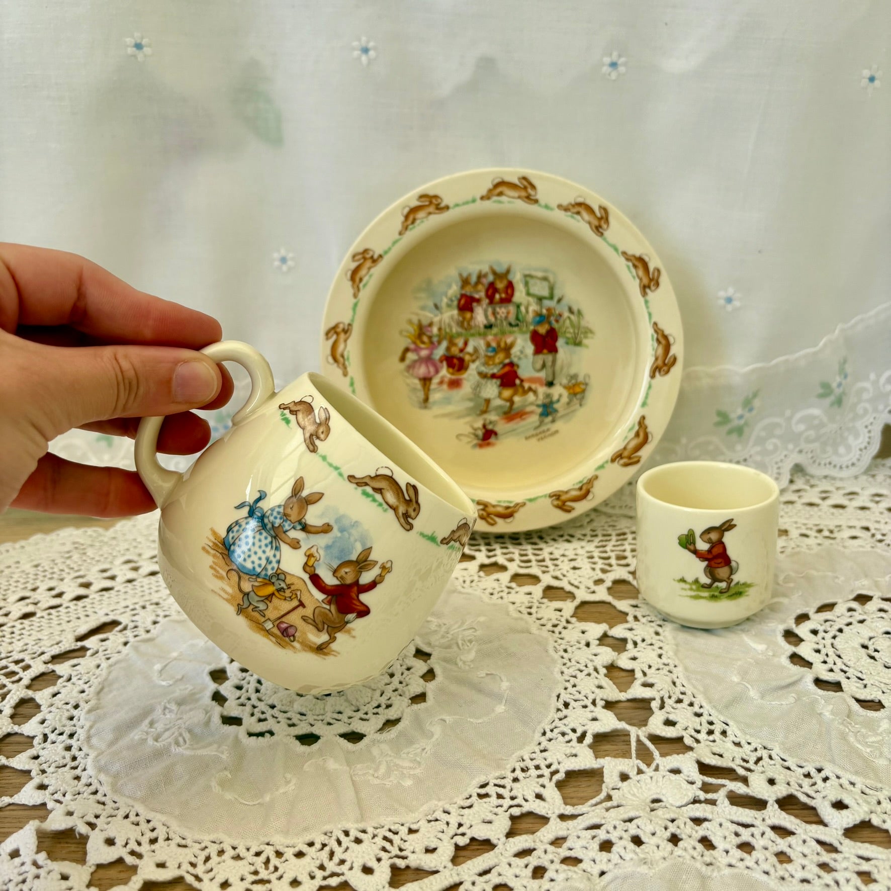 Royal Doulton Bunnykins porcelain bowl, mug, and egg cup set for children
