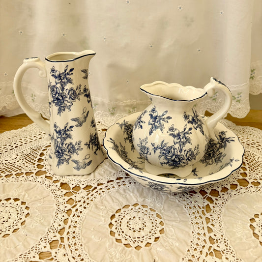 Antique blue and white floral pottery pitcher and jug set for home decor