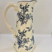 Antique blue and white floral pottery pitcher and jug set for home decor