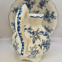 Antique blue and white floral pottery pitcher and jug set for home decor