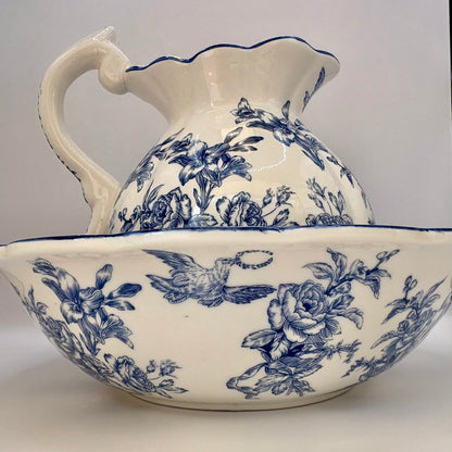 Antique blue and white floral pottery pitcher and jug set for home decor