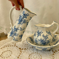 Antique blue and white floral pottery pitcher and jug set for home decor