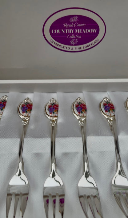 Vintage Royale County Meadow silver plated pastry forks and spoons set of 12