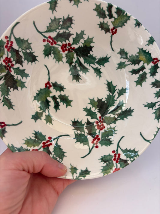 Decorative plate with holly design held by a hand on a light background
