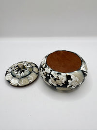 Vintage wooden trinket box with mother of pearl and abalone inlay in black and white