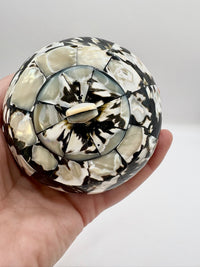 Vintage wooden trinket box with mother of pearl and abalone inlay in black and white