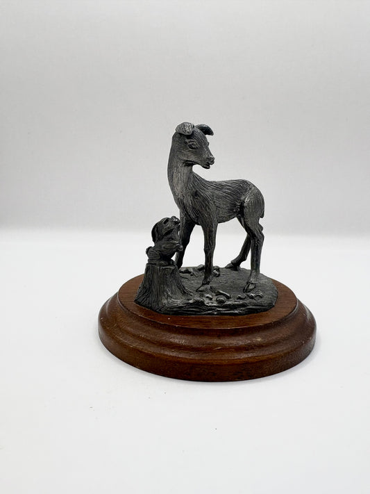 Vintage Ricker Pewter Deer and Bunny Figurine on Wooden Base