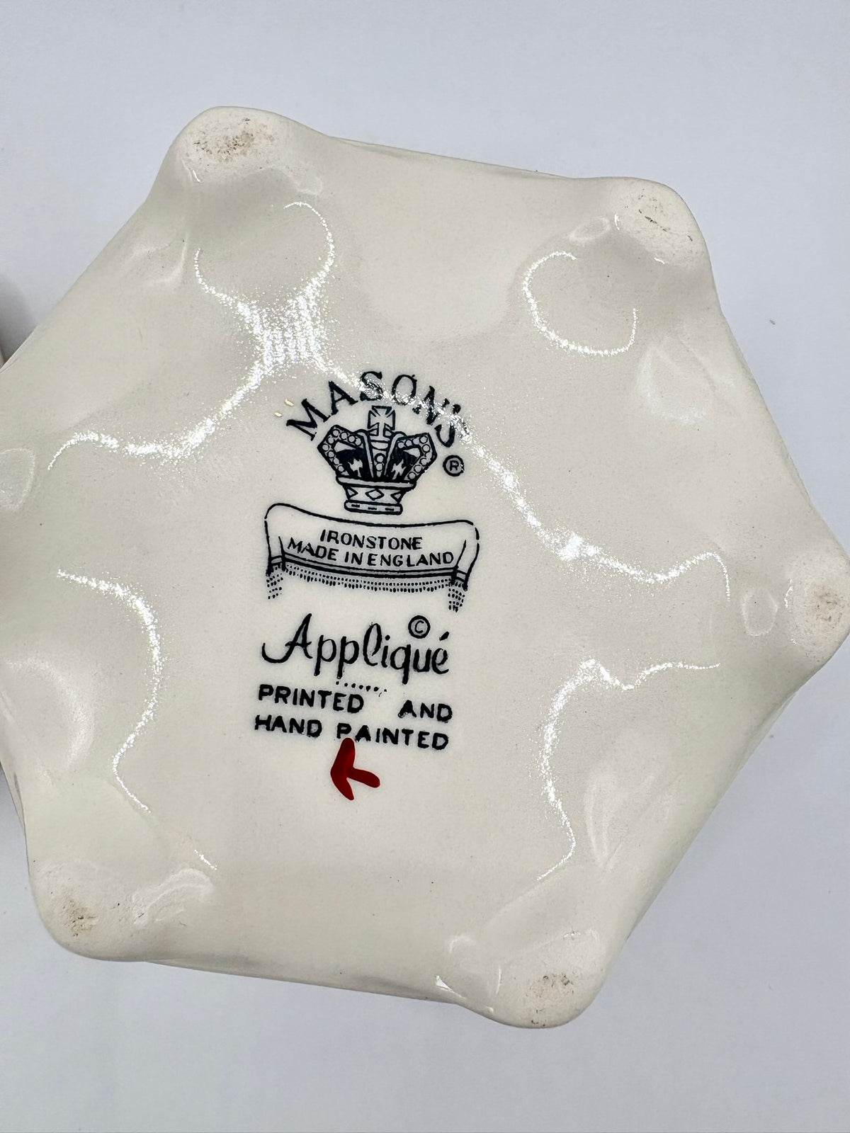 Hexagonal ceramic dish with Mason's Ironstone branding on a white background