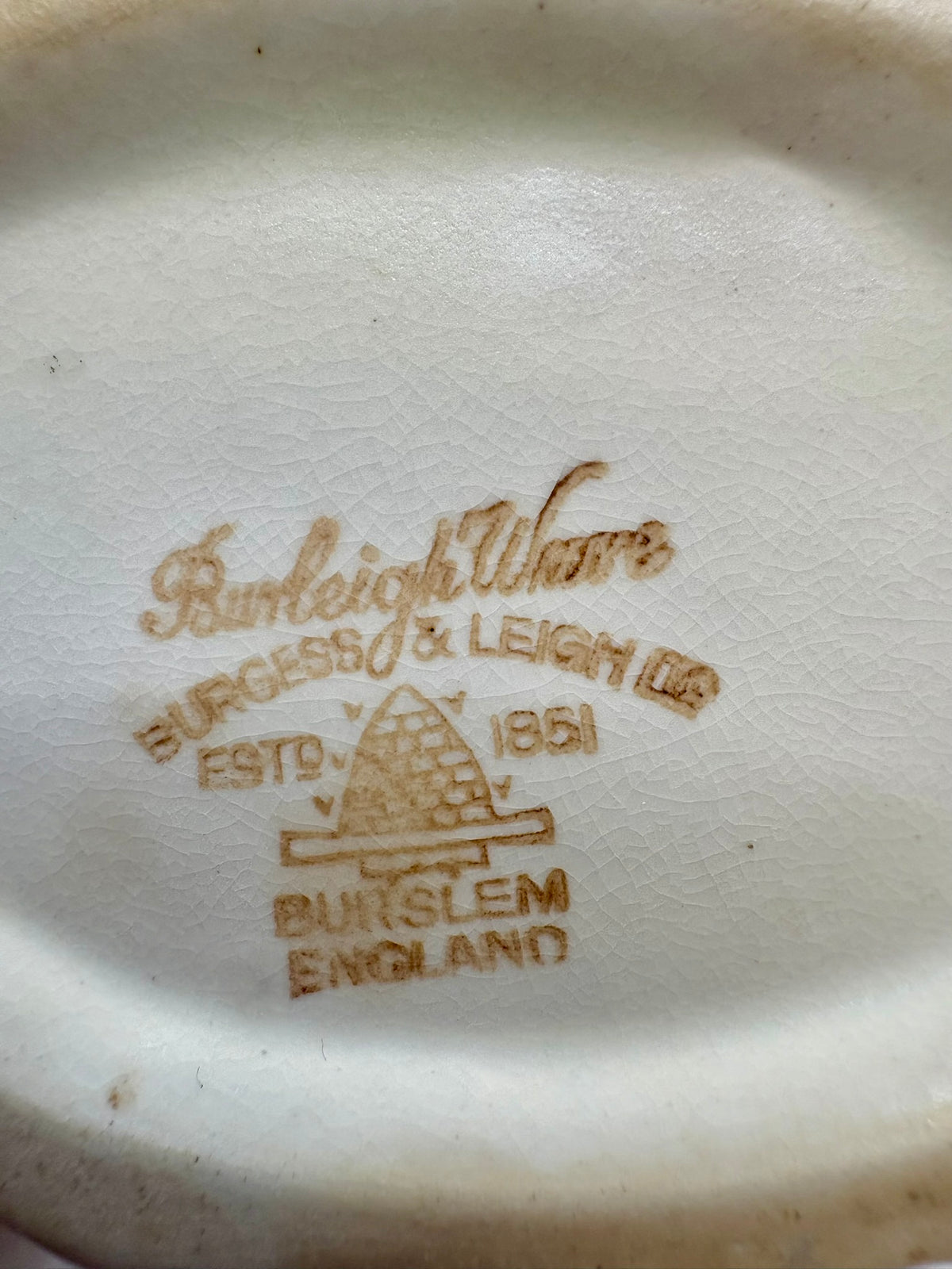 Burleigh Ware logo on a ceramic product, featuring 'Burgess & Leigh Ltd' and 'Burslem England'.