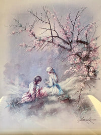 Two children sitting under a cherry blossom tree with a soft, painterly style.