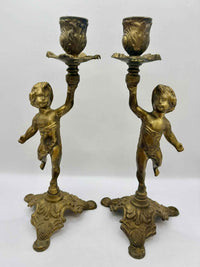 French Brass Cherub Candlestick Holders, Set of 2