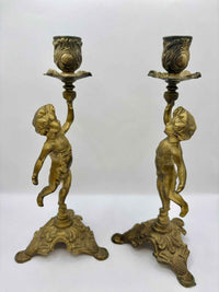 French Brass Cherub Candlestick Holders, Set of 2