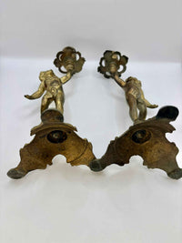 French Brass Cherub Candlestick Holders, Set of 2