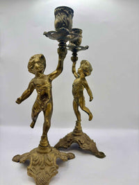 French Brass Cherub Candlestick Holders, Set of 2