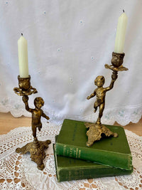 French Brass Cherub Candlestick Holders, Set of 2